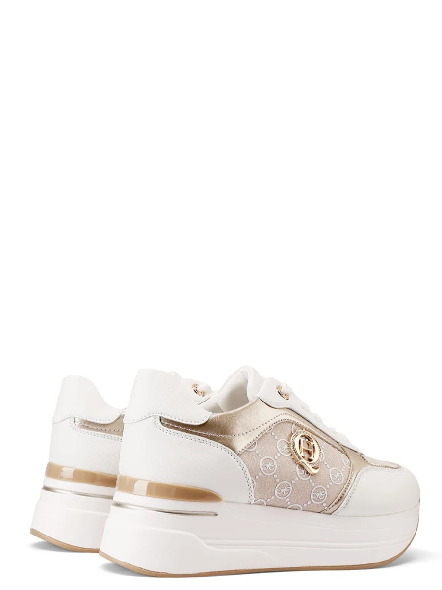 QUEEN HELENA Sneakers con Zeppa e Logo Laterale (X32-19) - Bianco/Oro