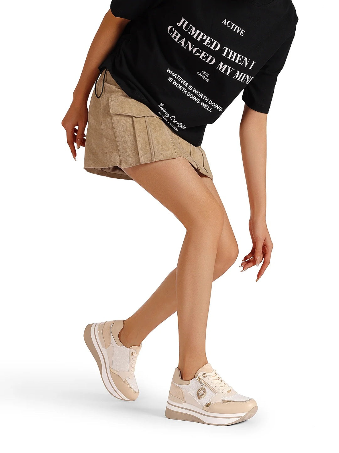 QUEEN HELENA Sneakers con Suola Rialzata e Logo Laterale (X32-15) - Beige/Oro