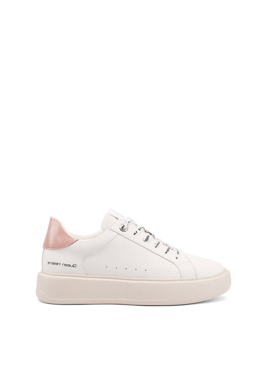 QUEEN HELENA X35-2, Sneaker Donna Minimal Con Tallone Coccodrillo - Bianco/Rosa