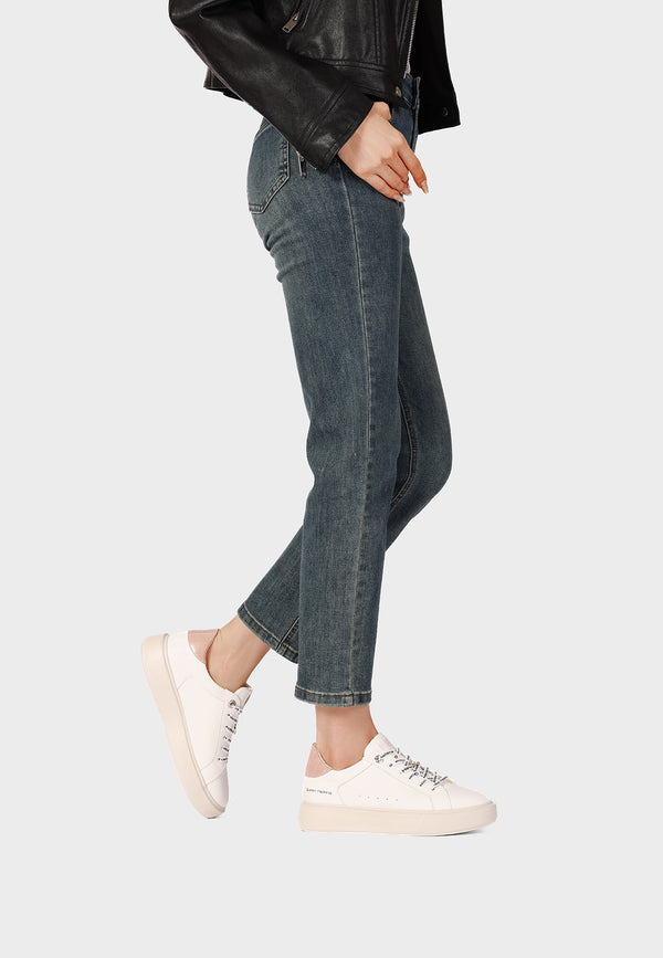 QUEEN HELENA X35-2, Sneaker Donna Minimal Con Tallone Coccodrillo - Bianco/Rosa
