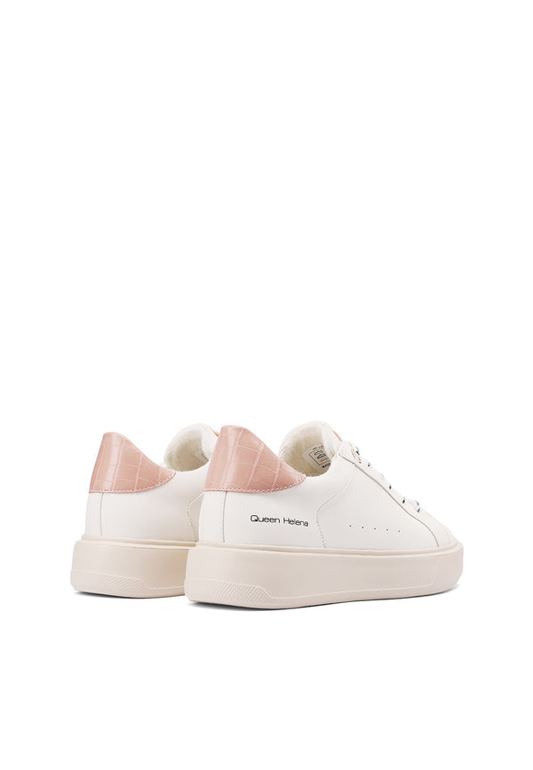 QUEEN HELENA X35-2, Sneaker Donna Minimal Con Tallone Coccodrillo - Bianco/Rosa