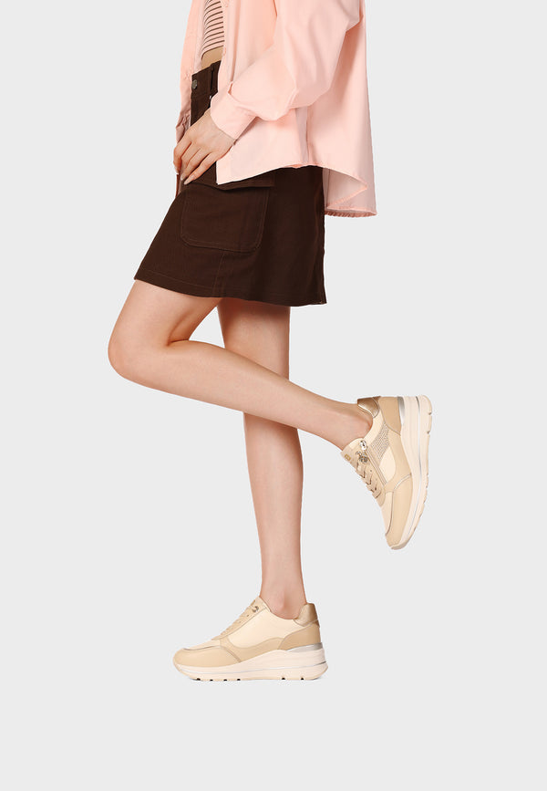 QUEEN HELENA X35-29, Sneaker Donna Platform Con Zip Laterale e Brillantini - Beige