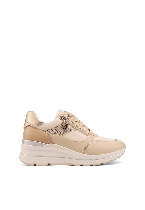QUEEN HELENA X35-29, Sneaker Donna Platform Con Zip Laterale e Brillantini - Beige