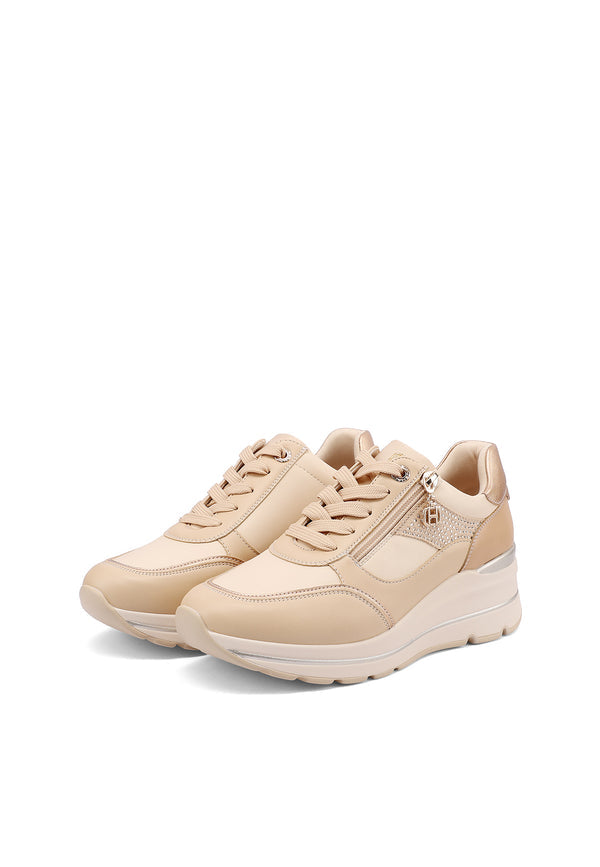 QUEEN HELENA X35-29, Sneaker Donna Platform Con Zip Laterale e Brillantini - Beige