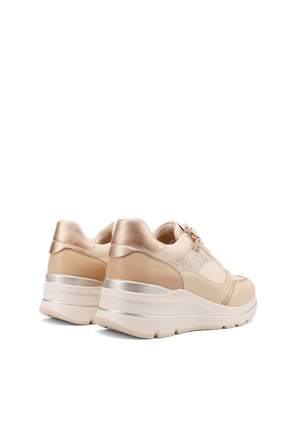 QUEEN HELENA X35-29, Sneaker Donna Platform Con Zip Laterale e Brillantini - Beige