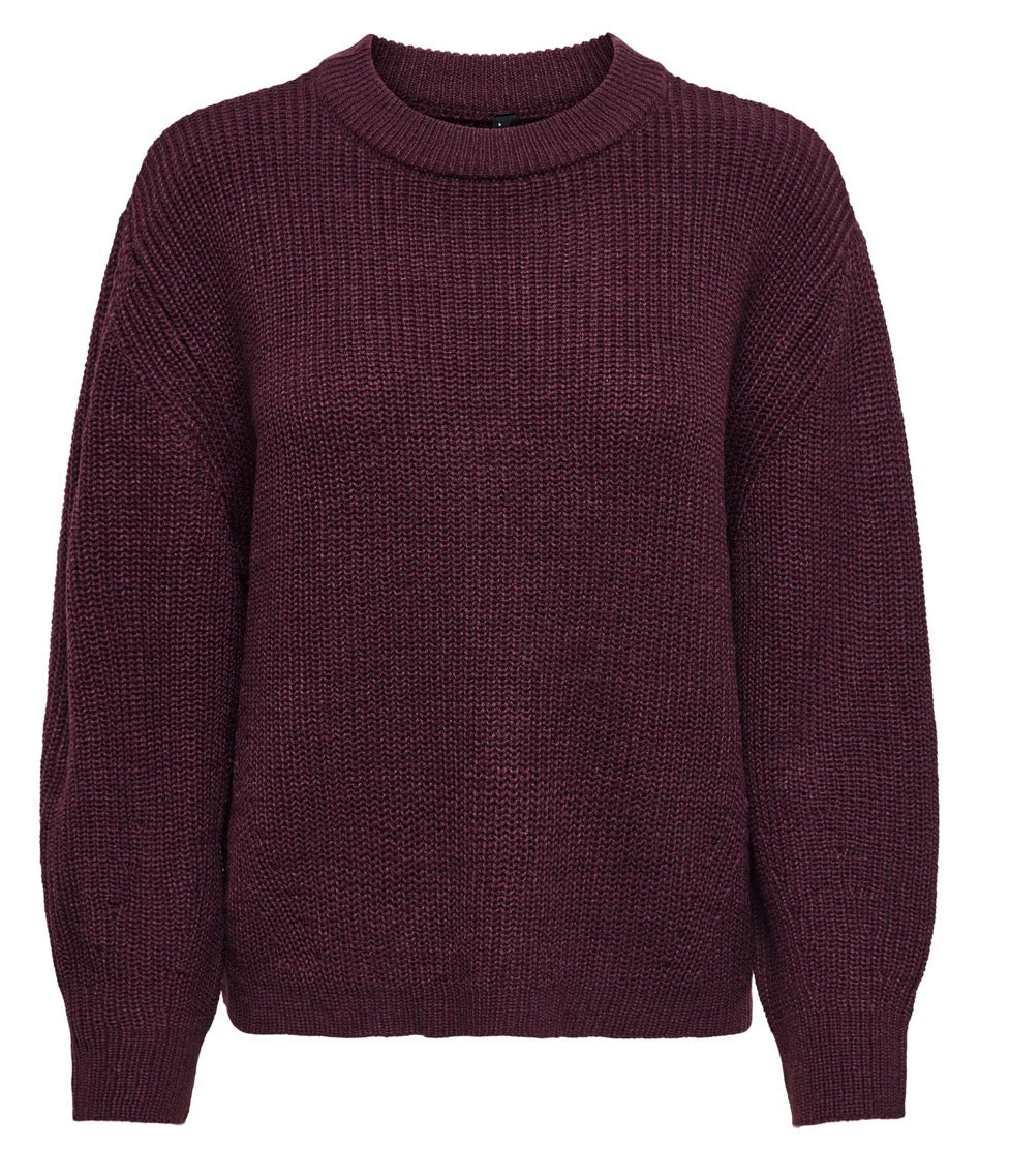 Only ONLMILOUZ LS RIB PULLOVER KNT NOOS, Pullover Donna Girocollo - Borgogna