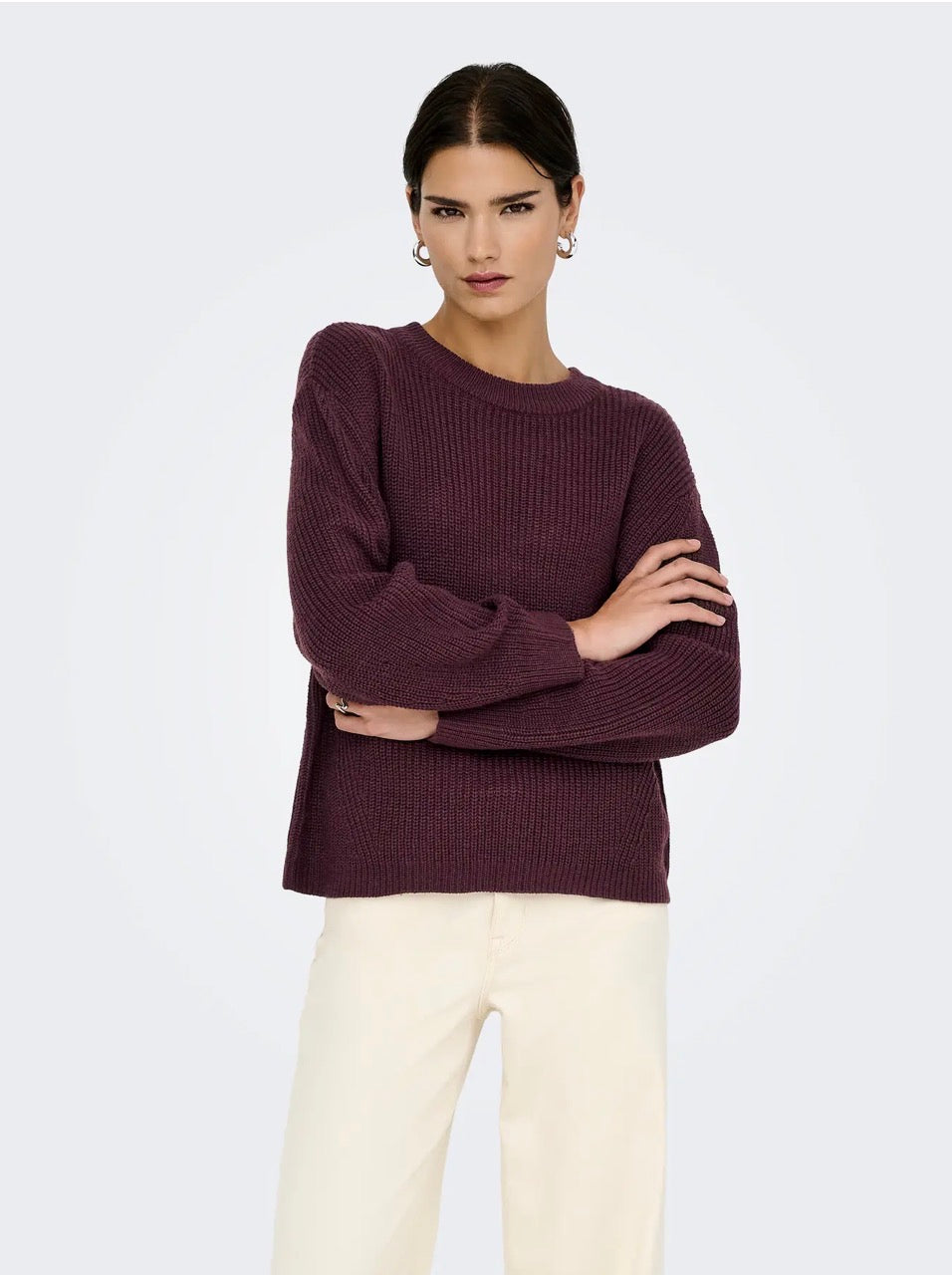 Only ONLMILOUZ LS RIB PULLOVER KNT NOOS, Pullover Donna Girocollo - Borgogna