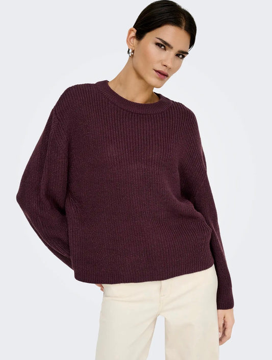 Only ONLMILOUZ LS RIB PULLOVER KNT NOOS, Pullover Donna Girocollo - Borgogna