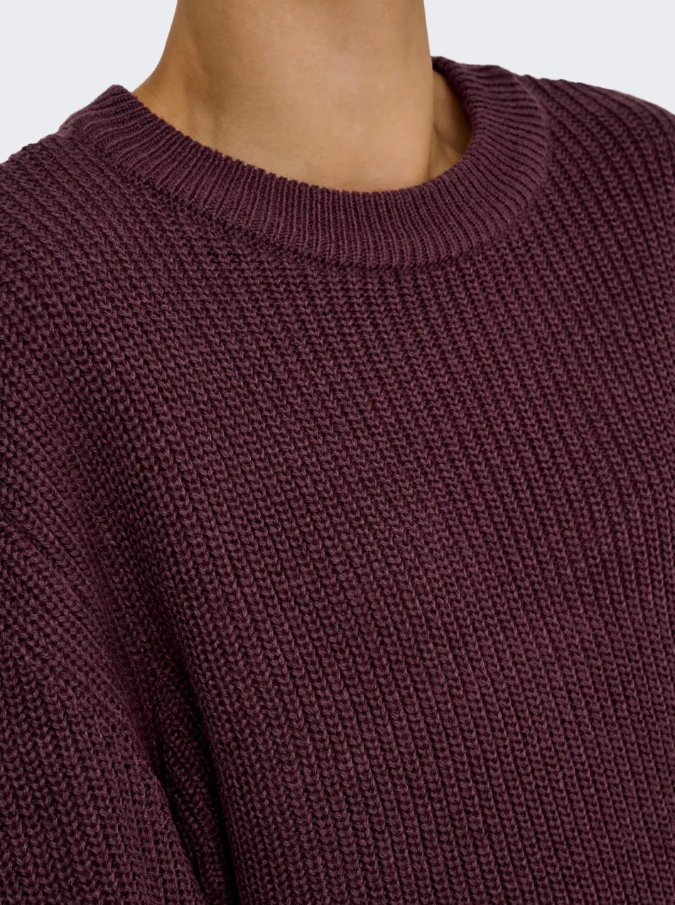 Only ONLMILOUZ LS RIB PULLOVER KNT NOOS, Pullover Donna Girocollo - Borgogna