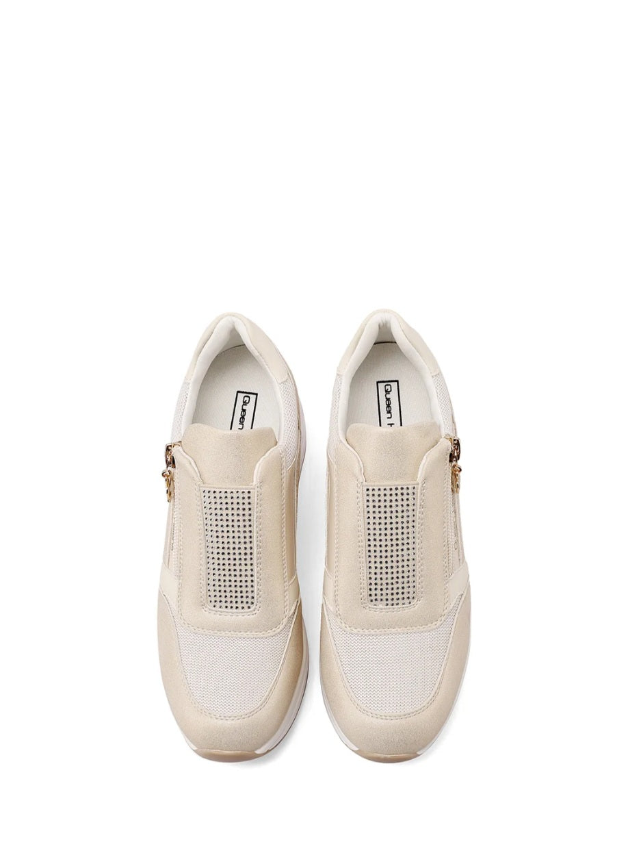 QUEEN HELENA X34-37, Sneaker Donna Con Zip Laterale e Brillantini - Bianco, Beige