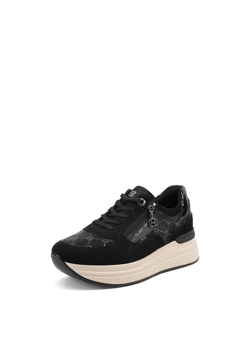 QUEEN HELENA X35-25, Sneaker Donna Platform Taupe Con Zip Laterale - Marrone, Nero
