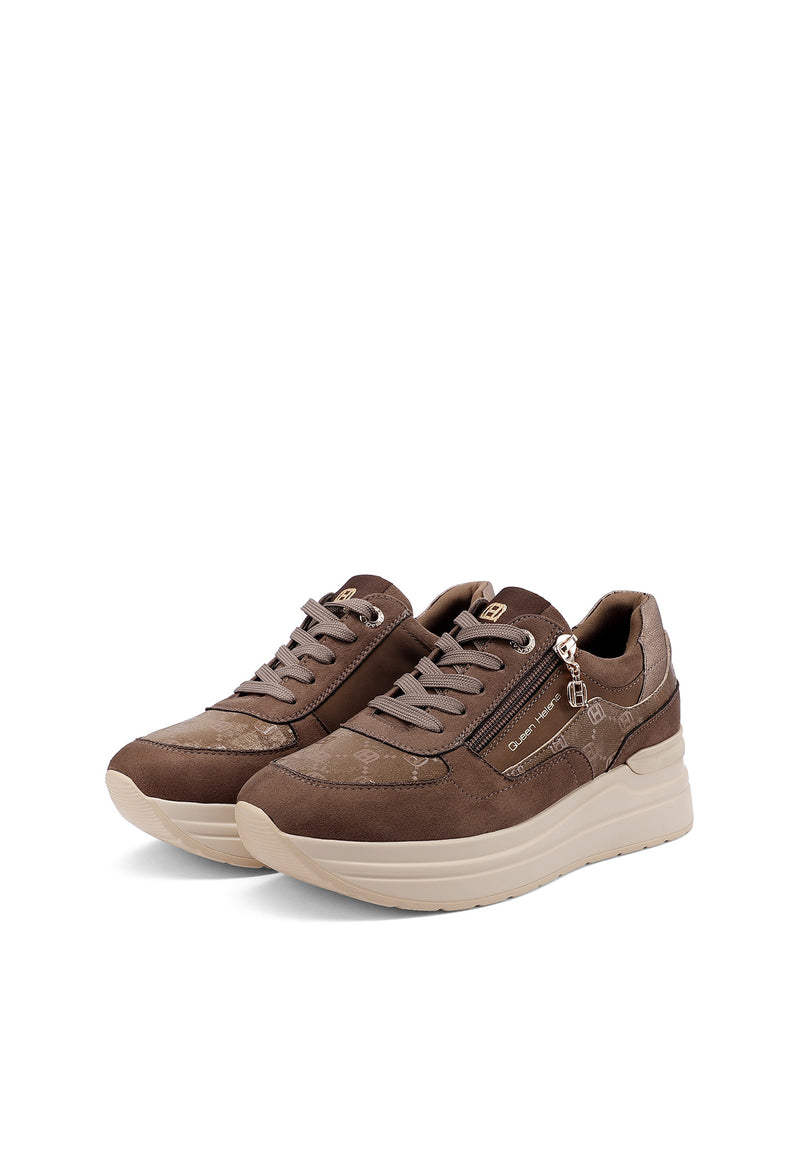 QUEEN HELENA X35-25, Sneaker Donna Platform Taupe Con Zip Laterale - Marrone, Nero
