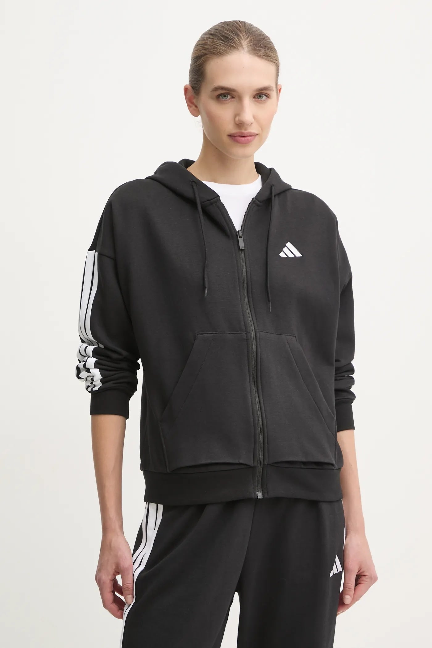 Adidas Essentials 3-Stripes, Felpa Donna Con Cappuccio e Zip - Nero