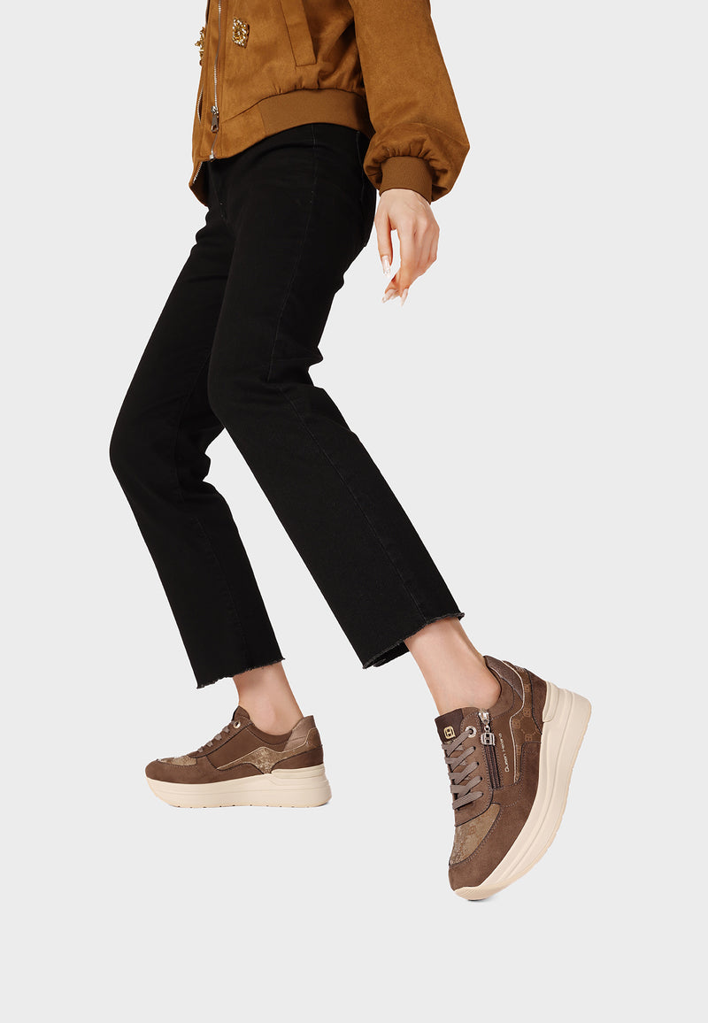 QUEEN HELENA X35-25, Sneaker Donna Platform Taupe Con Zip Laterale - Marrone, Nero
