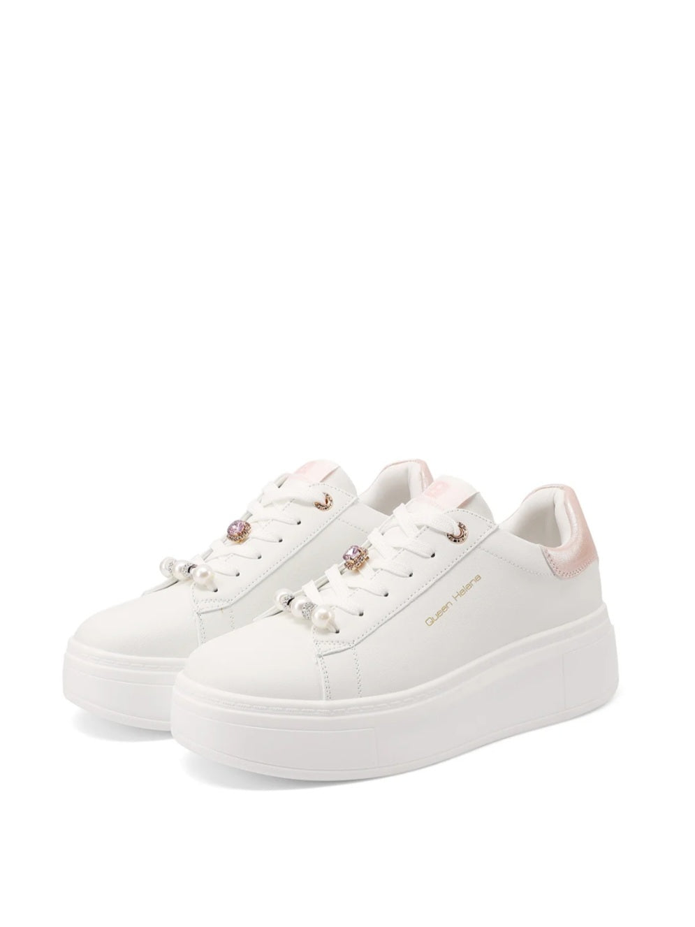 QUEEN HELENA X34-13, Sneaker Minimal Donna Con Dettagli Gioiello - Argento, Bianco/Rosa