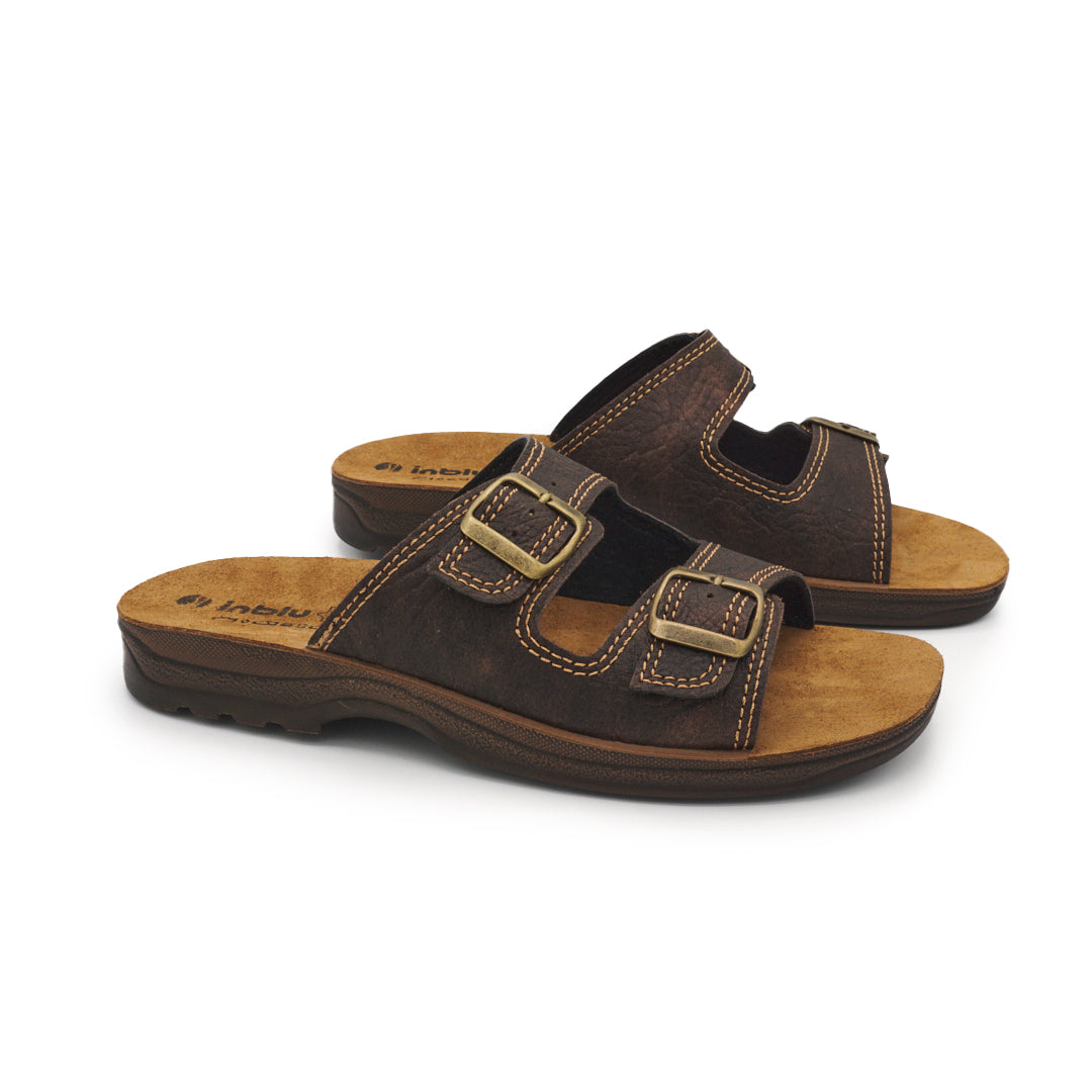 Inblu TG01, Ciabatte Uomo Con Doppia Fascia e Plantare In Vera Pelle - Fondente