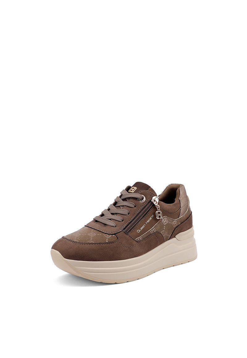 QUEEN HELENA X35-25, Sneaker Donna Platform Taupe Con Zip Laterale - Marrone, Nero