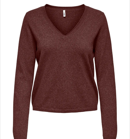 Only ONLLOYAL LS V-NECK PULLO KNT NOOS, Pullover Donna Con Scollo a V - Borgogna, Verde