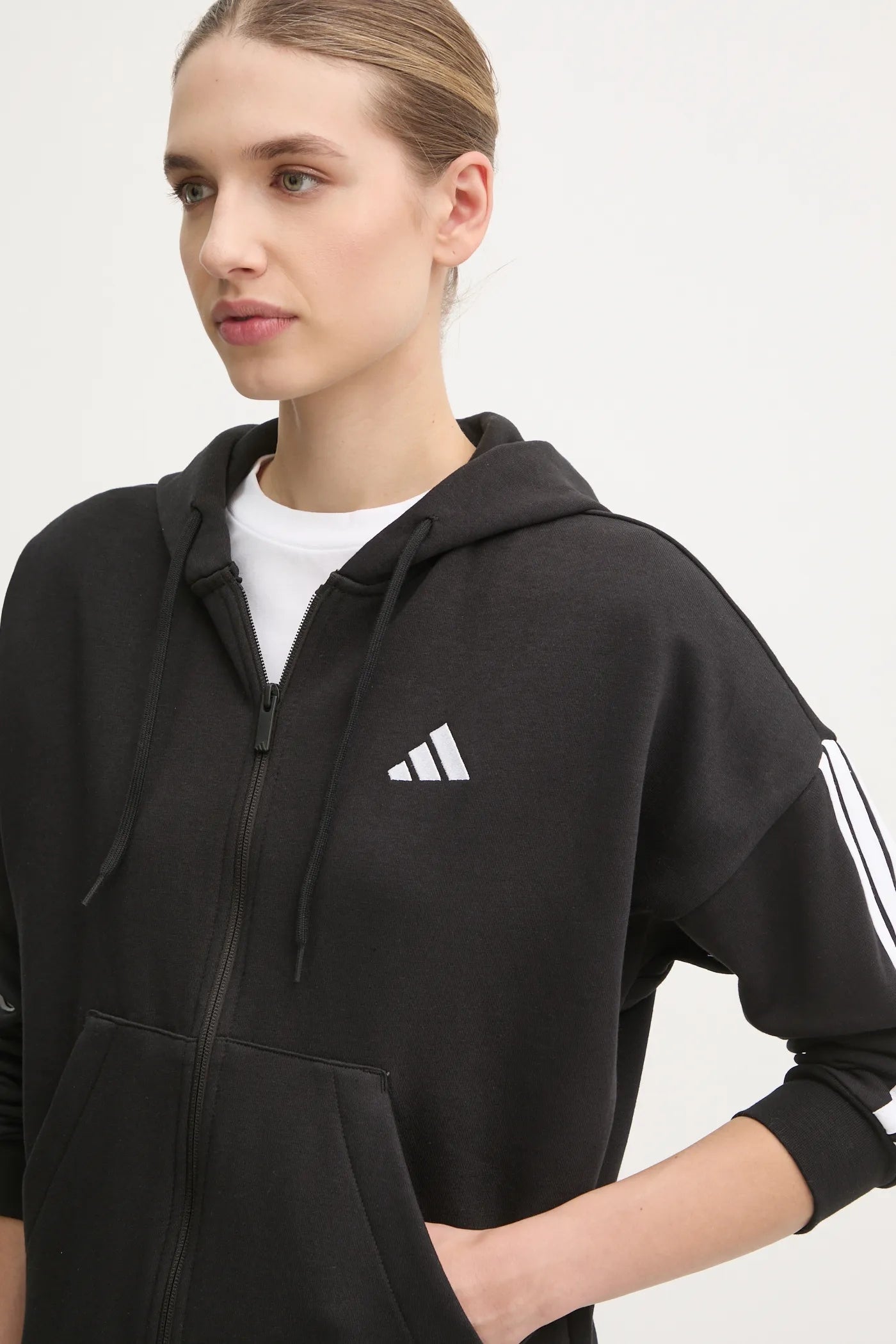Adidas Essentials 3-Stripes, Felpa Donna Con Cappuccio e Zip - Nero