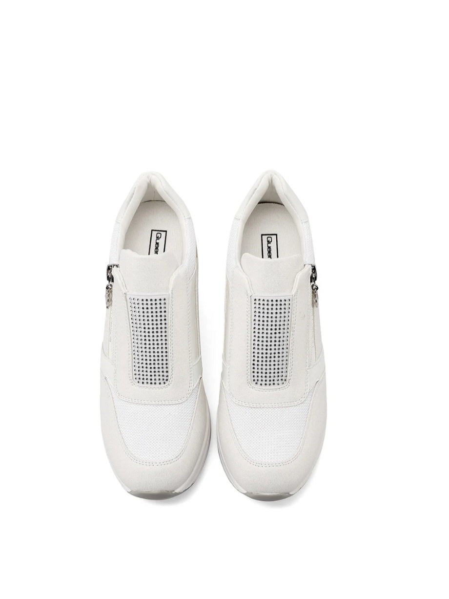 QUEEN HELENA X34-37, Sneaker Donna Con Zip Laterale e Brillantini - Bianco, Beige