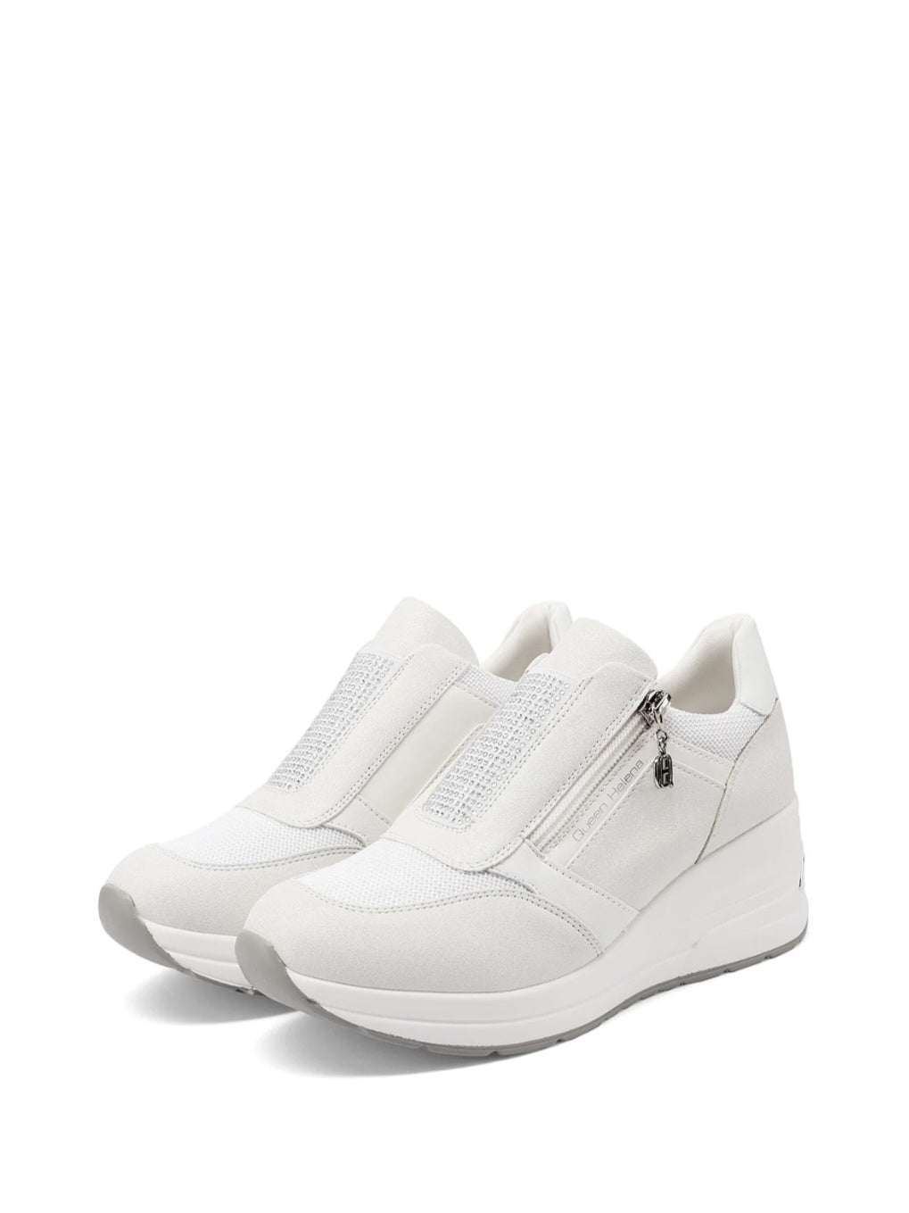 QUEEN HELENA X34-37, Sneaker Donna Con Zip Laterale e Brillantini - Bianco, Beige