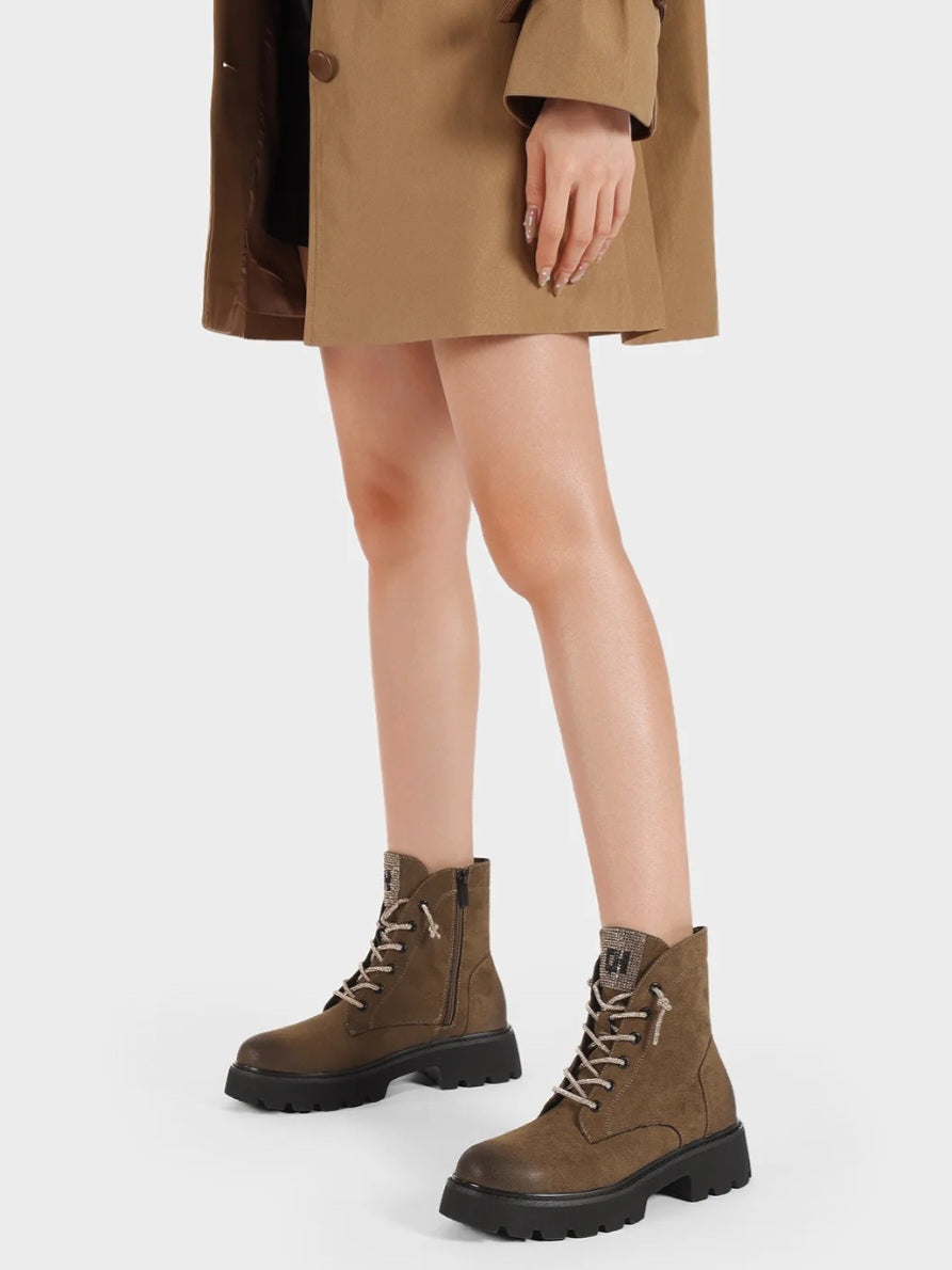 Queen Helena X31-54, Stivaletti Scamosciati Da Donna Stringati con Brillantini - Khaki