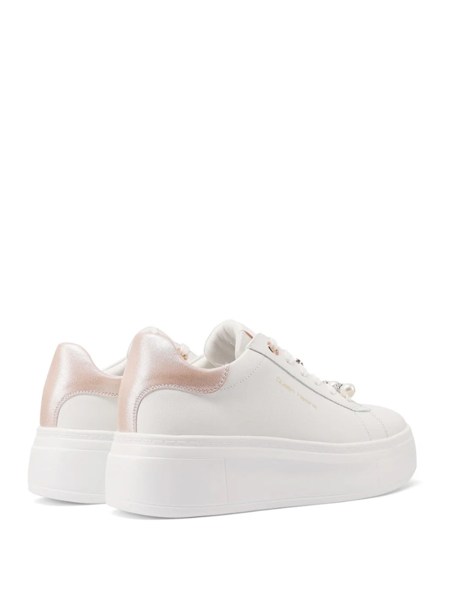 QUEEN HELENA X34-13, Sneaker Minimal Donna Con Dettagli Gioiello - Argento, Bianco/Rosa