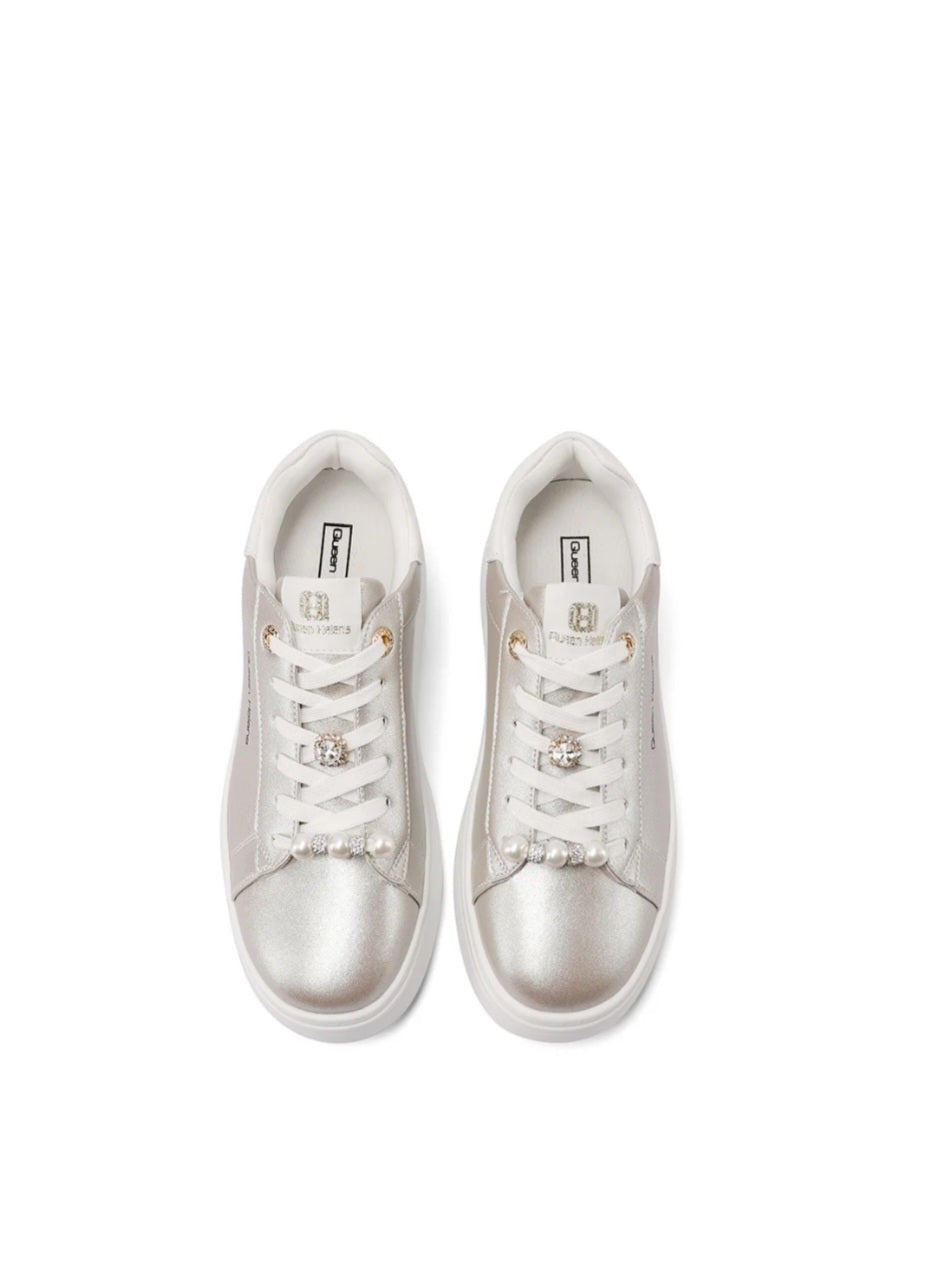 QUEEN HELENA X34-13, Sneaker Minimal Donna Con Dettagli Gioiello - Argento, Bianco/Rosa