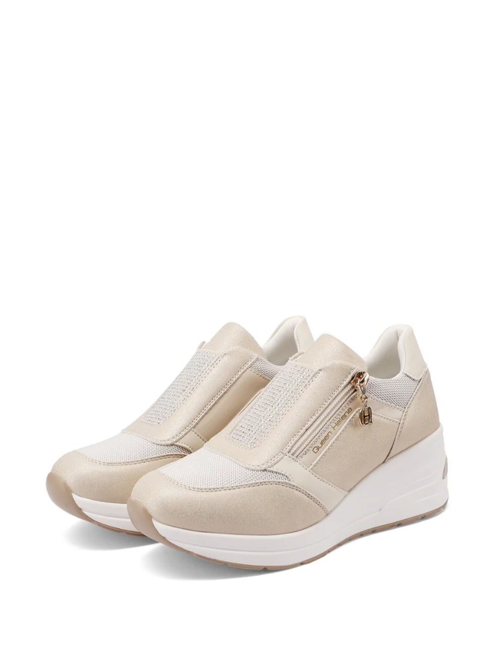QUEEN HELENA X34-37, Sneaker Donna Con Zip Laterale e Brillantini - Bianco, Beige
