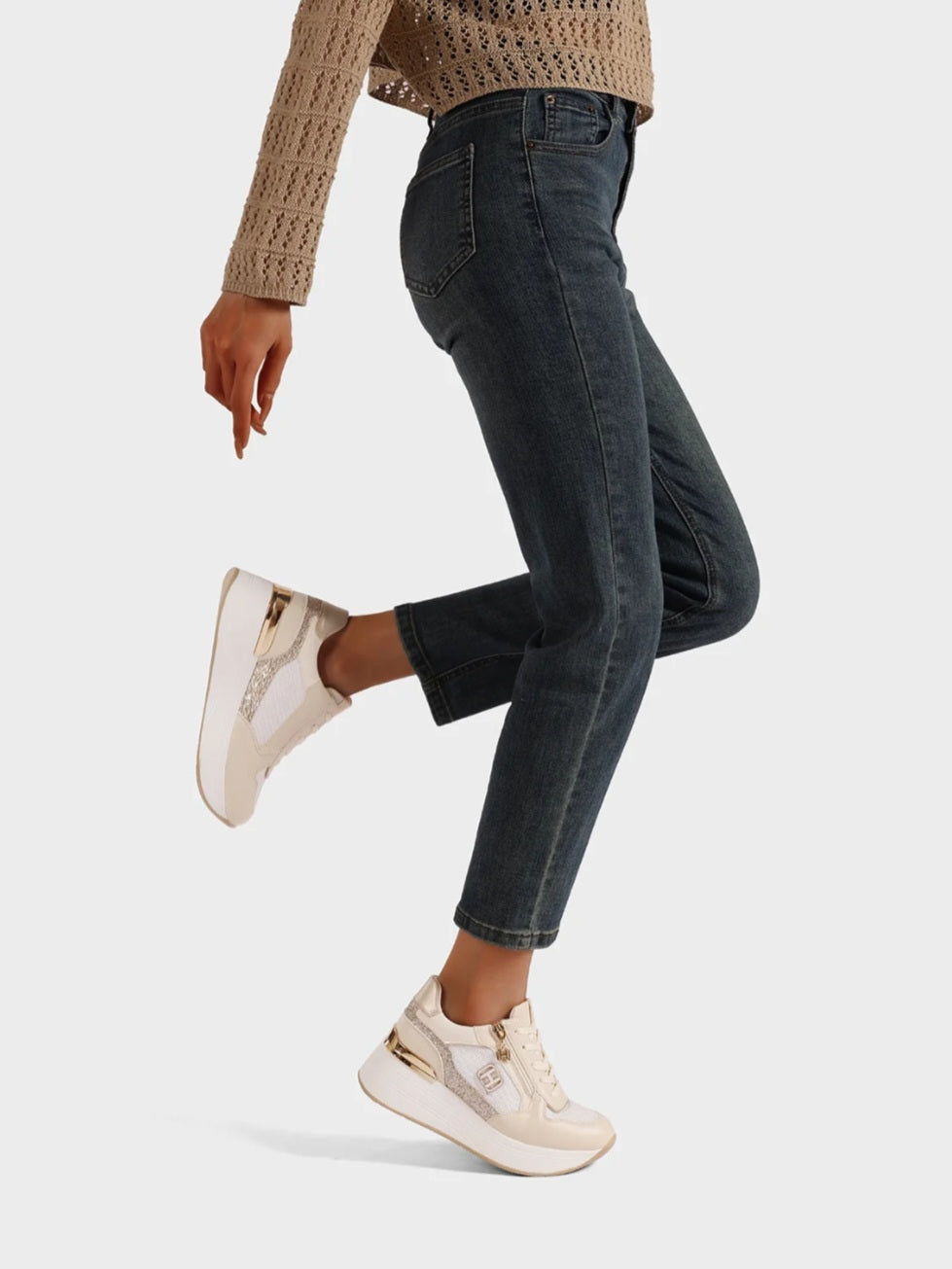 QUEEN HELENA X34-24, Sneaker Donna Con Zip Laterale e Logo - Beige